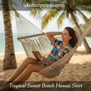 Vibrant Beach Hawaii shirt collection displaying custom tropical designs with palm trees and sunset patterns