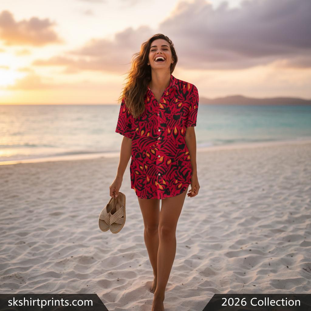 Black and red Hawaiian shirt with hibiscus floral print displayed on tropical background with palm leaves