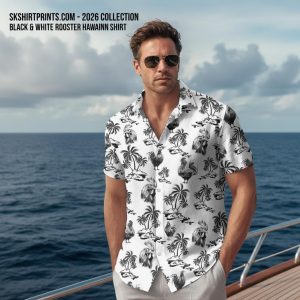 Man wearing stylish black and white hawaiian shirt at outdoor setting looking confident and relaxed