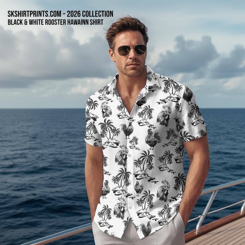 Man wearing stylish black and white hawaiian shirt at outdoor setting looking confident and relaxed