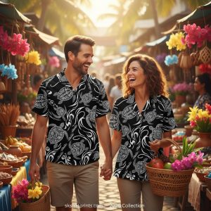 Man wearing stylish black and white Hawaiian shirt with tropical print in modern casual setting