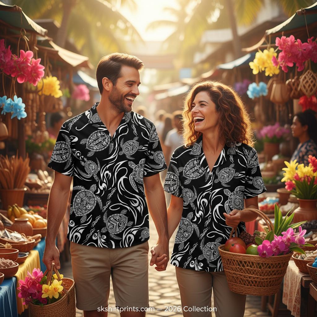Man wearing stylish black and white Hawaiian shirt with tropical print in modern casual setting