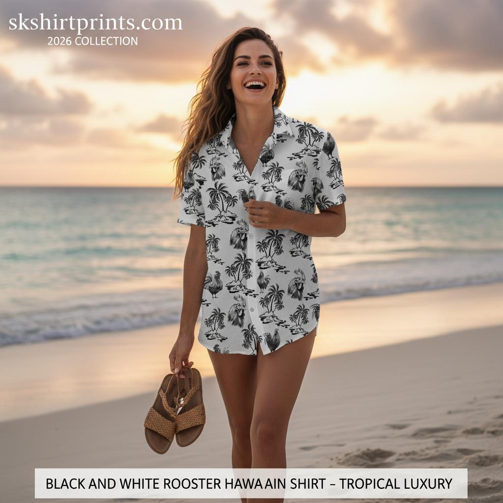 Man wearing black and white Hawaiian shirt at tropical beach resort, showcasing sophisticated monochrome aloha style