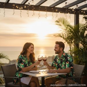 man wearing black hawaiian shirt with tropical print in modern casual setting