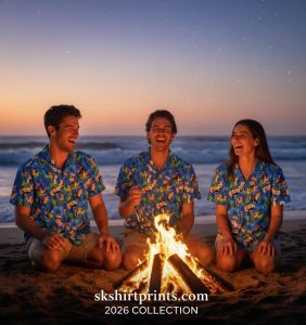 Blue aloha shirts in various patterns including hibiscus, pineapple, and palm tree designs displayed in tropical setting