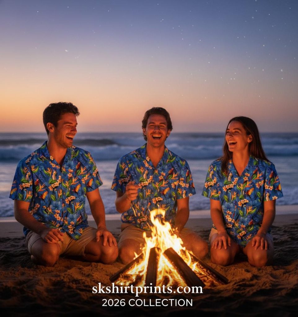 Blue aloha shirts in various patterns including hibiscus, pineapple, and palm tree designs displayed in tropical setting