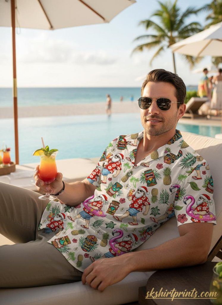 christmas hawaiian shirt collection with colorful Santa surfing and tropical holiday designs displayed on beach setting