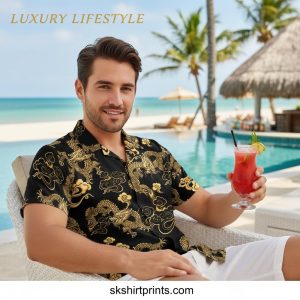 Collection of dragon Hawaiian shirts featuring fantasy, gaming, and anime designs displayed on tropical background