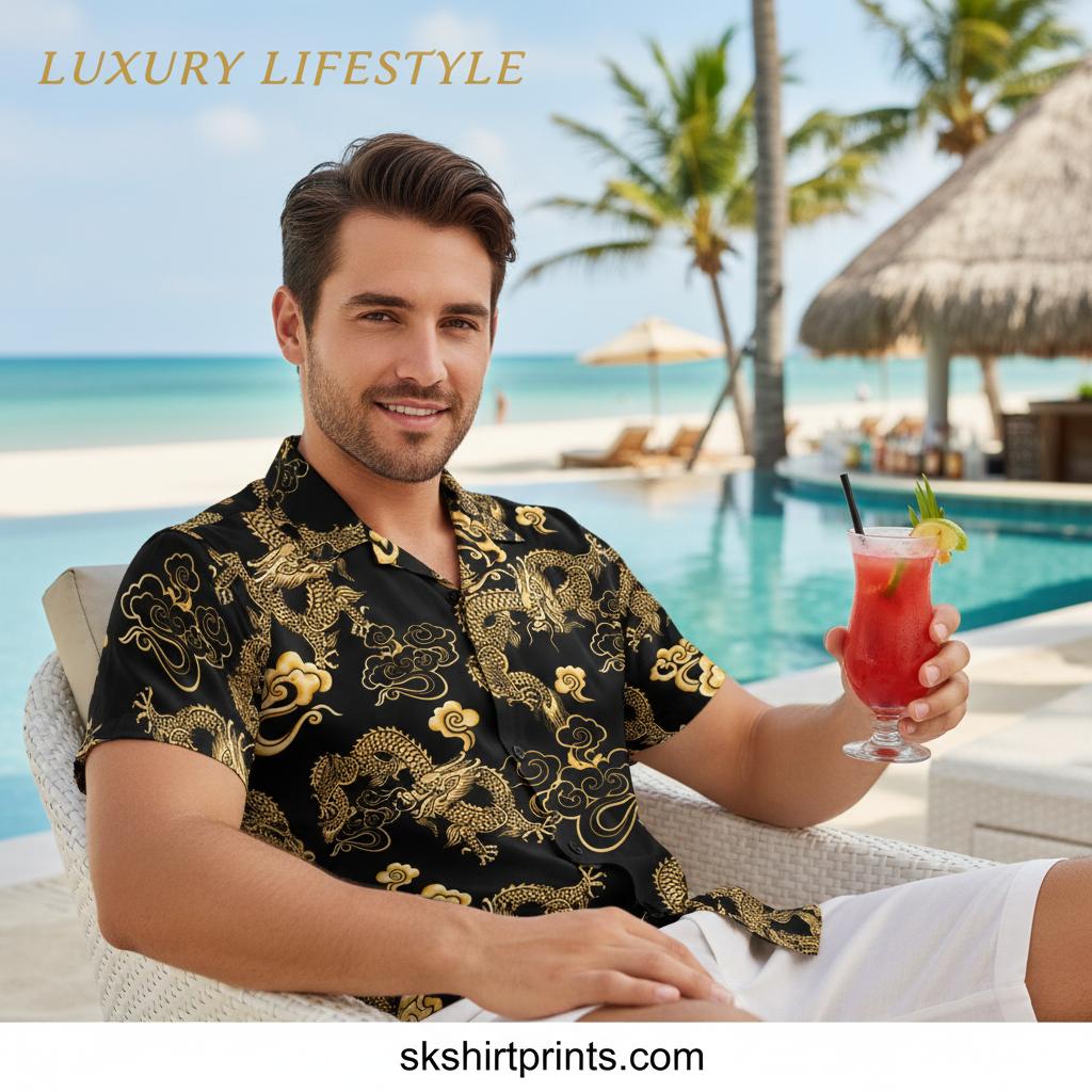 Collection of dragon Hawaiian shirts featuring fantasy, gaming, and anime designs displayed on tropical background