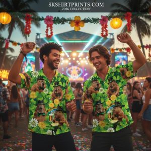 green hawaiian shirt - man wearing tropical palm print shirt at beach resort with relaxed island style
