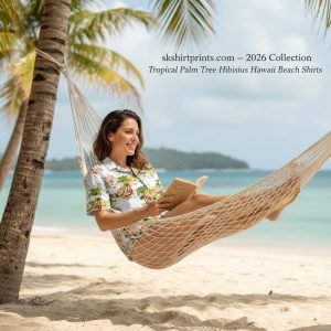 Colorful Hawaiian beach shirts hanging on tropical beach with palm trees and ocean waves in background