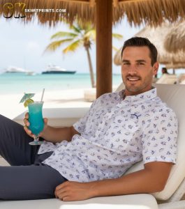 Colorful Hawaiian fish shirts displayed with tropical fish and koi designs in vibrant island-inspired patterns