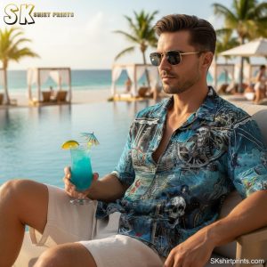 Collection of Hawaiian pirate shirts showing skull designs and tropical patterns for casual vacation wear