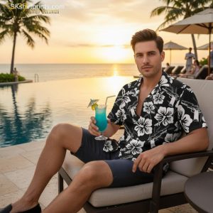 Man wearing tactical Hawaiian shirt with military aircraft print and cargo shorts at outdoor event