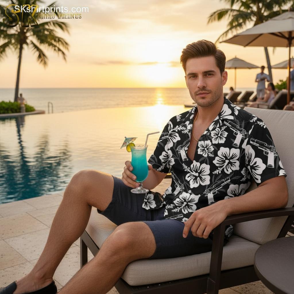 Man wearing tactical Hawaiian shirt with military aircraft print and cargo shorts at outdoor event