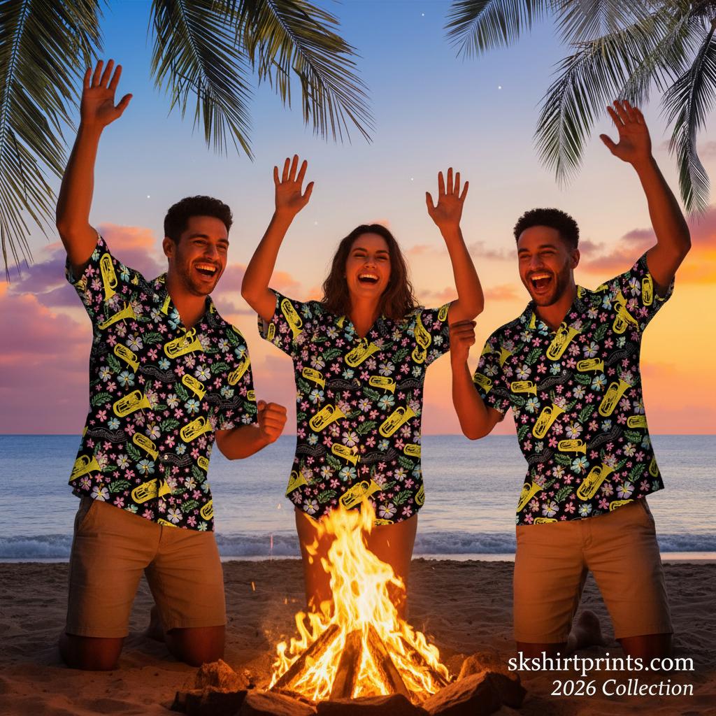 Man wearing stylish black Hawaiian shirt with tropical floral pattern at sunset beach setting