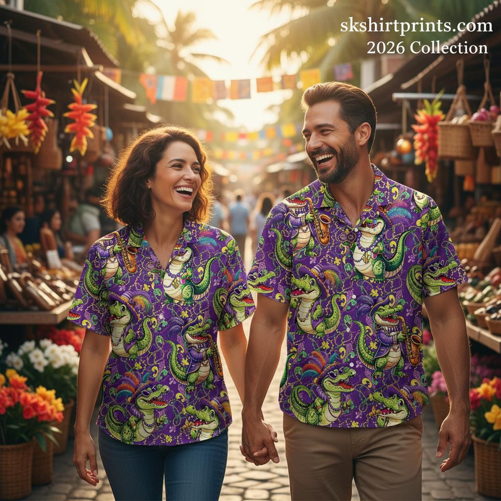 mens purple hawaiian shirt with tropical hibiscus print styled casually at beachside setting