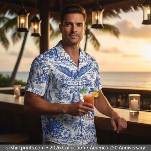 mens white hawaiian shirt with tropical print worn casually at beach resort setting with palm trees and ocean background