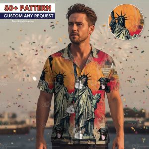 patriotic hawaiian shirt collection featuring American flag designs and eagle motifs displayed for summer celebrations