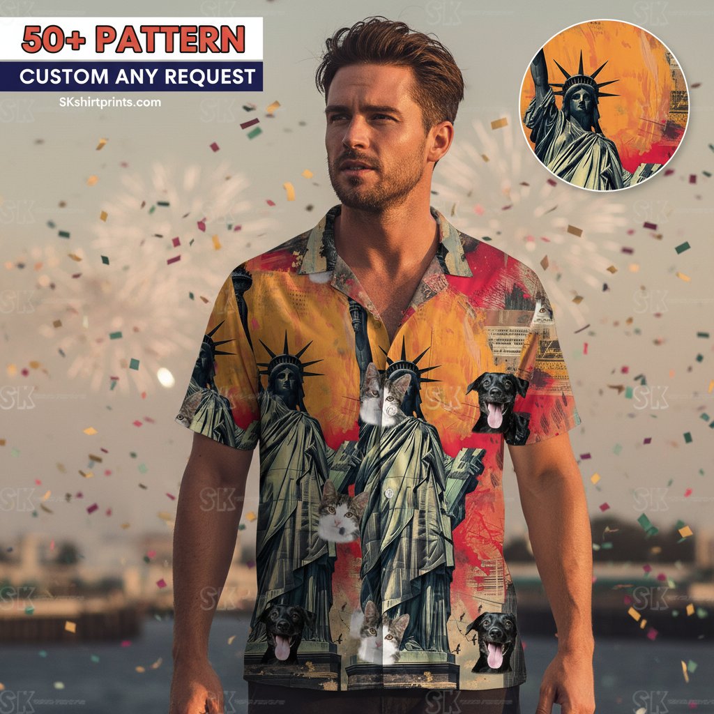patriotic hawaiian shirt collection featuring American flag designs and eagle motifs displayed for summer celebrations