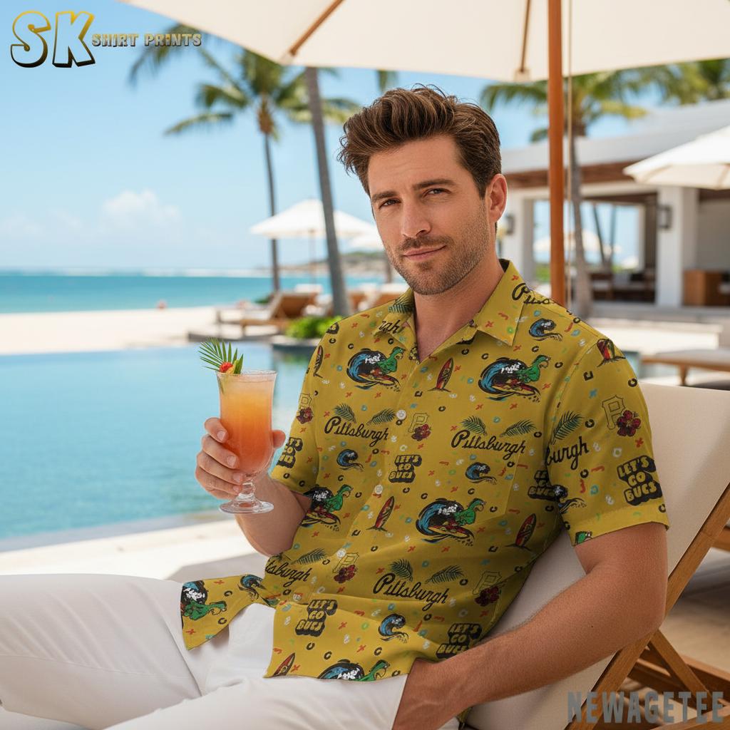 Collection of pirate Hawaiian shirts featuring skull, skeleton, and treasure chest designs in tropical island setting