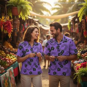 Purple aloha shirt collection featuring tropical hibiscus and monstera prints in various shades from light lavender to deep royal purple