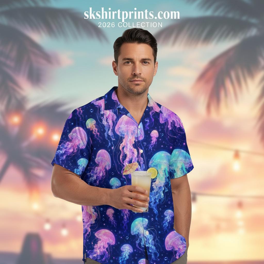 collection of purple hawaiian shirts in various styles and patterns displayed on tropical background