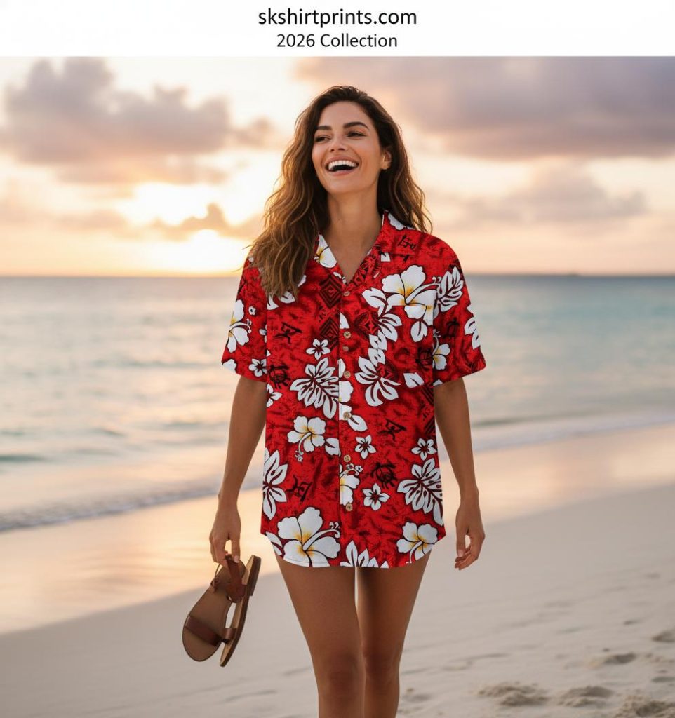 red and white hawaiian shirt with hibiscus flowers worn at tropical beach setting with palm trees and ocean background