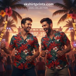 red hawaiian shirt collection showing hibiscus floral patterns vintage sailboat designs and patriotic themes