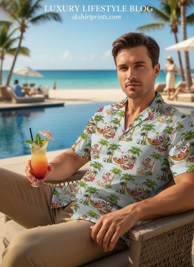 santa hawaiian shirt collection featuring tropical christmas designs with surfing santa and beach holiday themes