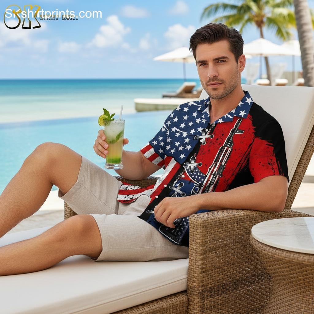 Tactical Hawaiian shirts featuring military aircraft, firearm patterns, and patriotic designs displayed on tropical background