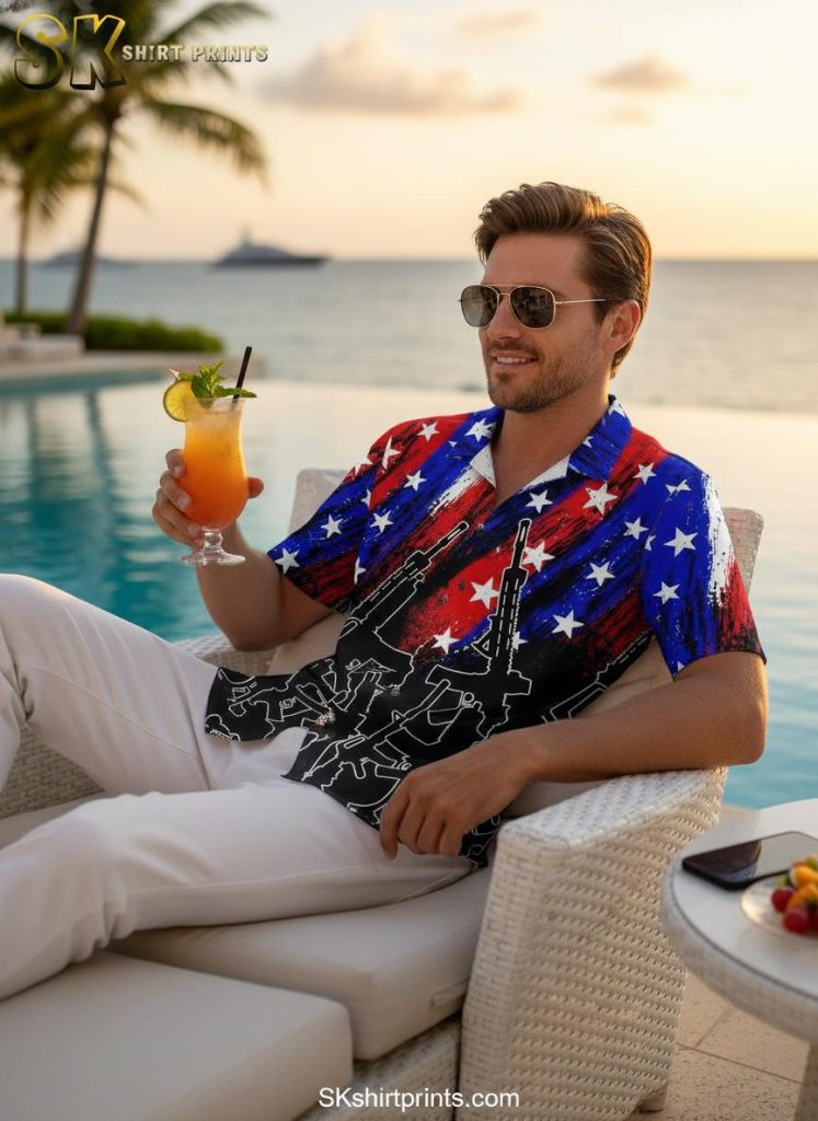 Man wearing tactical Hawaiian shirt with military-inspired prints at casual outdoor gathering