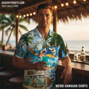 Collection of weird Hawaiian shirts featuring psychedelic mushrooms, raccoons, and surreal designs displayed on tropical background