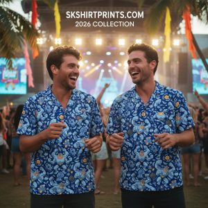 Weird Hawaiian Shirts collection featuring psychedelic mushrooms, skeleton surfers, and animal patterns displayed creatively