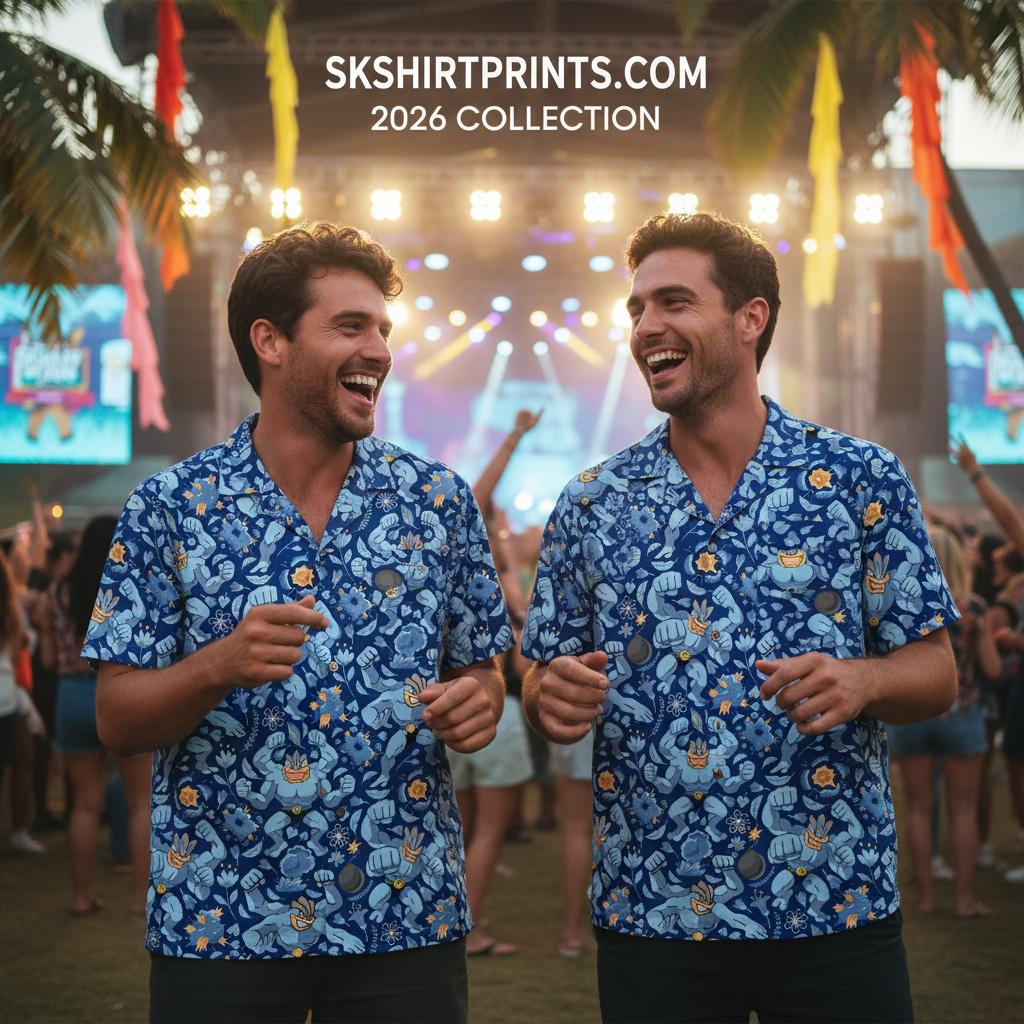 Weird Hawaiian Shirts collection featuring psychedelic mushrooms, skeleton surfers, and animal patterns displayed creatively