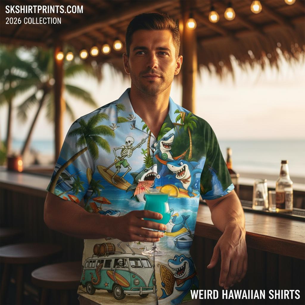 Collection of weird Hawaiian shirts featuring psychedelic mushrooms, raccoons, and surreal designs displayed on tropical background
