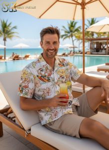 Colorful Christmas Hawaiian shirts featuring surfing Santa designs displayed with tropical holiday decorations and palm leaves