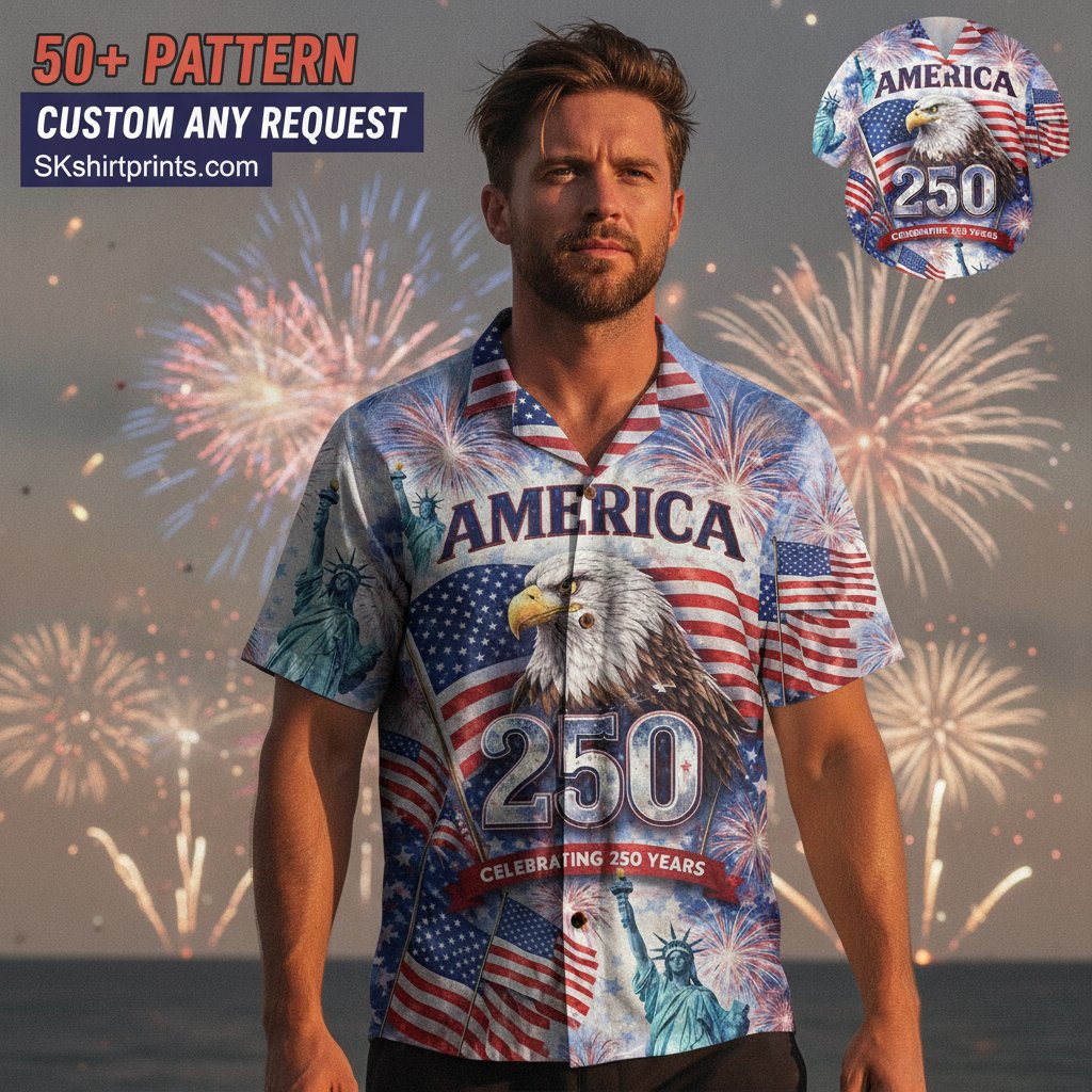250th anniversary hawaiian shirts - patriotic bald eagle and American flag all-over print shirt for America's 1776-2026 semiquincentennial celebration