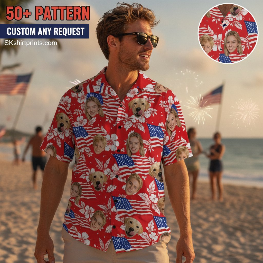 america 250 shirt - patriotic Hawaiian shirts laid flat with American flag and tropical accessories for 250th anniversary celebration