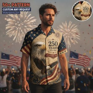 America 250 shirts – patriotic Hawaiian button-up collection featuring bald eagle, flag, and Statue of Liberty designs for the 1776–2026 anniversary