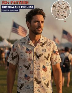 america 250th anniversary hawaiian shirt - group of friends celebrating July 4th 2026 wearing patriotic eagle and flag Hawaiian shirts