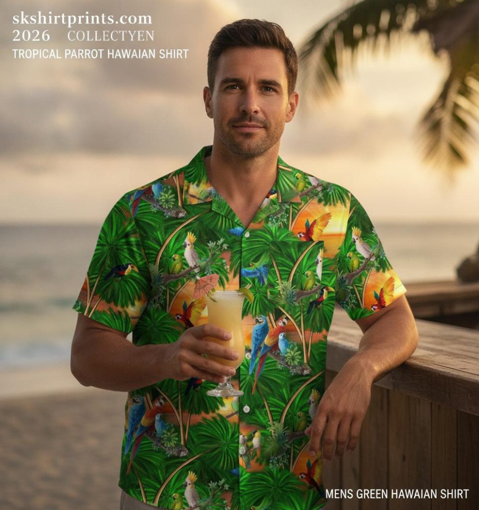 Mens green Hawaiian shirt worn on a tropical beach — dark palm leaf print aloha shirt for men and women at SKShirtPrints