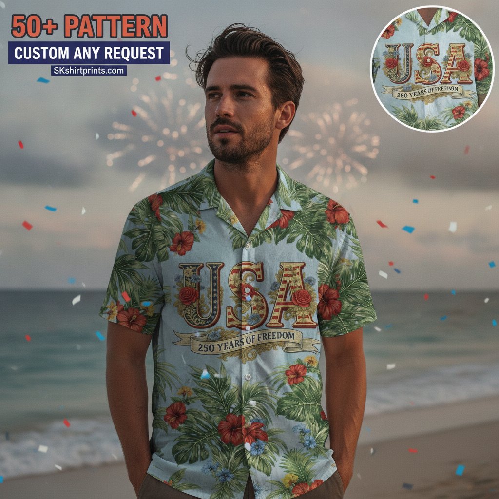 usa 250th hawaiian shirt featuring patriotic eagle liberty bell and american flag all-over print for america's semiquincentennial 1776-2026