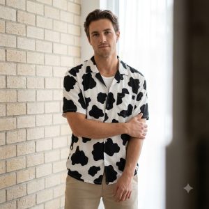 mens cow print shirt styles including Hawaiian button-up and short sleeve cowhide pattern shirt for men