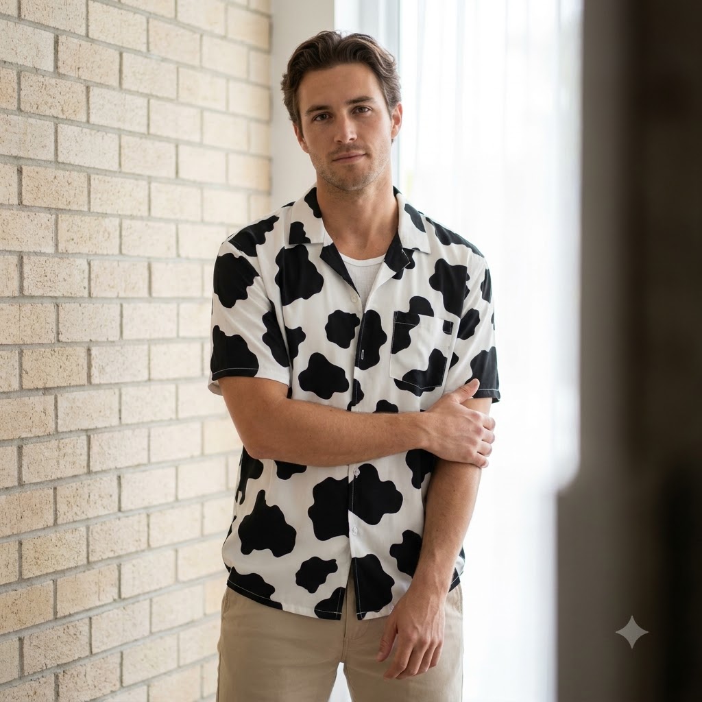 mens cow print shirt styles including Hawaiian button-up and short sleeve cowhide pattern shirt for men