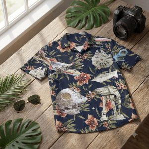 Darth Vader Hawaiian shirt with tropical hibiscus and palm frond all-over sublimation print