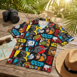 Hawaiian Star Wars shirts with tropical galaxy all-over print displayed on a sunny beach setting