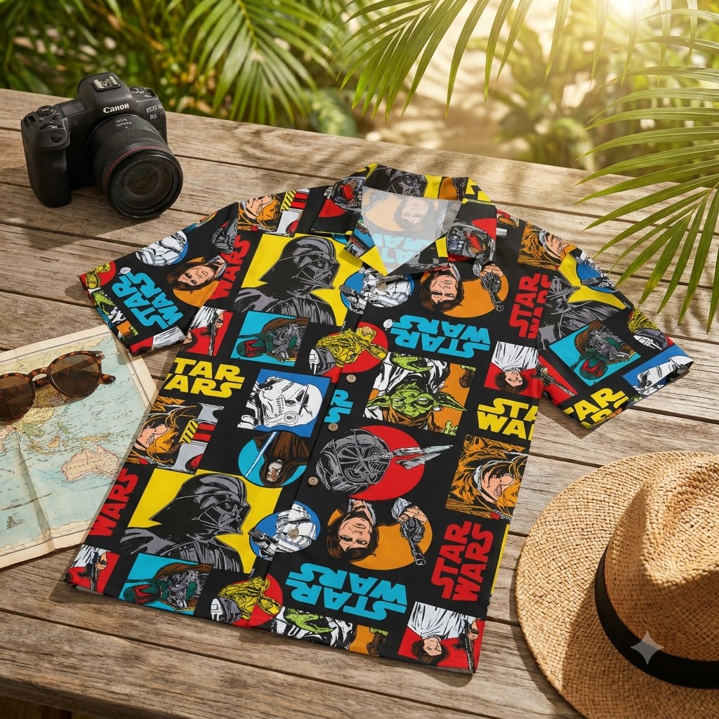 Hawaiian Star Wars shirts with tropical galaxy all-over print displayed on a sunny beach setting