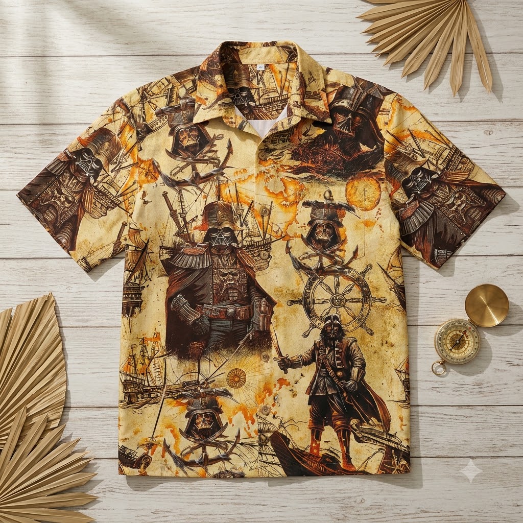 Hawaiian shirt Star Wars all-over print with Darth Vader and tropical floral design for beach and summer wear