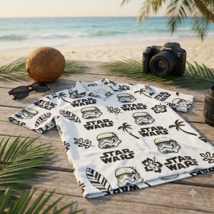 Star Wars aloha shirt with Stormtrooper and tropical floral all-over-print design, camp collar button-up style